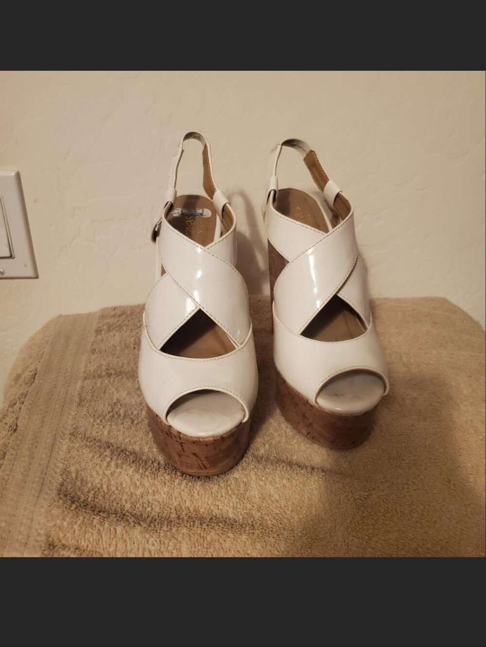 Vintage Nude Patent Cork Wedge Sandals - Women's Platform Heels
